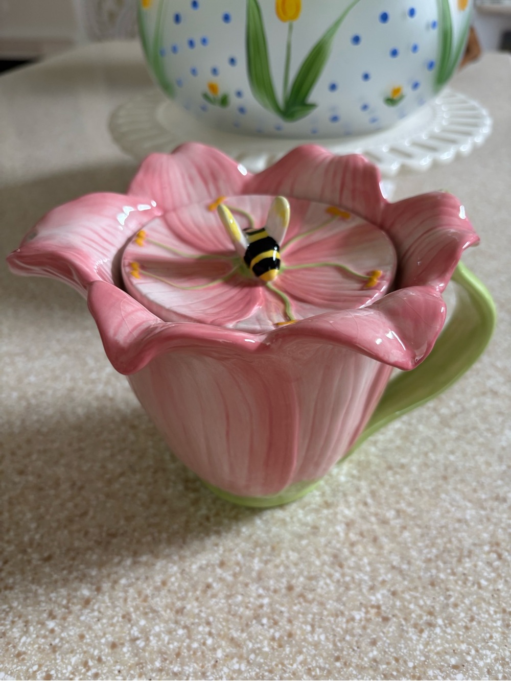 Lily Pink Ceramic Flower Pitcher With Bumble Bee Detail